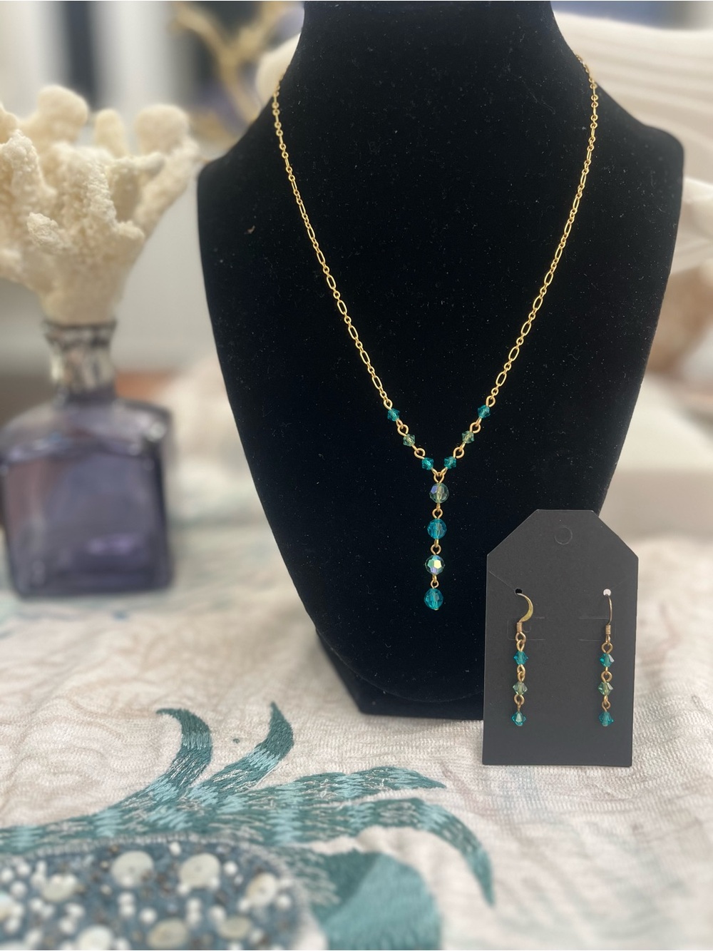 Gold-Tone and Teal Crystal Drop Necklace and Earring Set